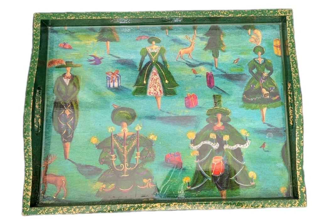 Artist Cynthia Carey - TRAY CHIC 1995 Laquered Wood Tray Green Festive Ladies
